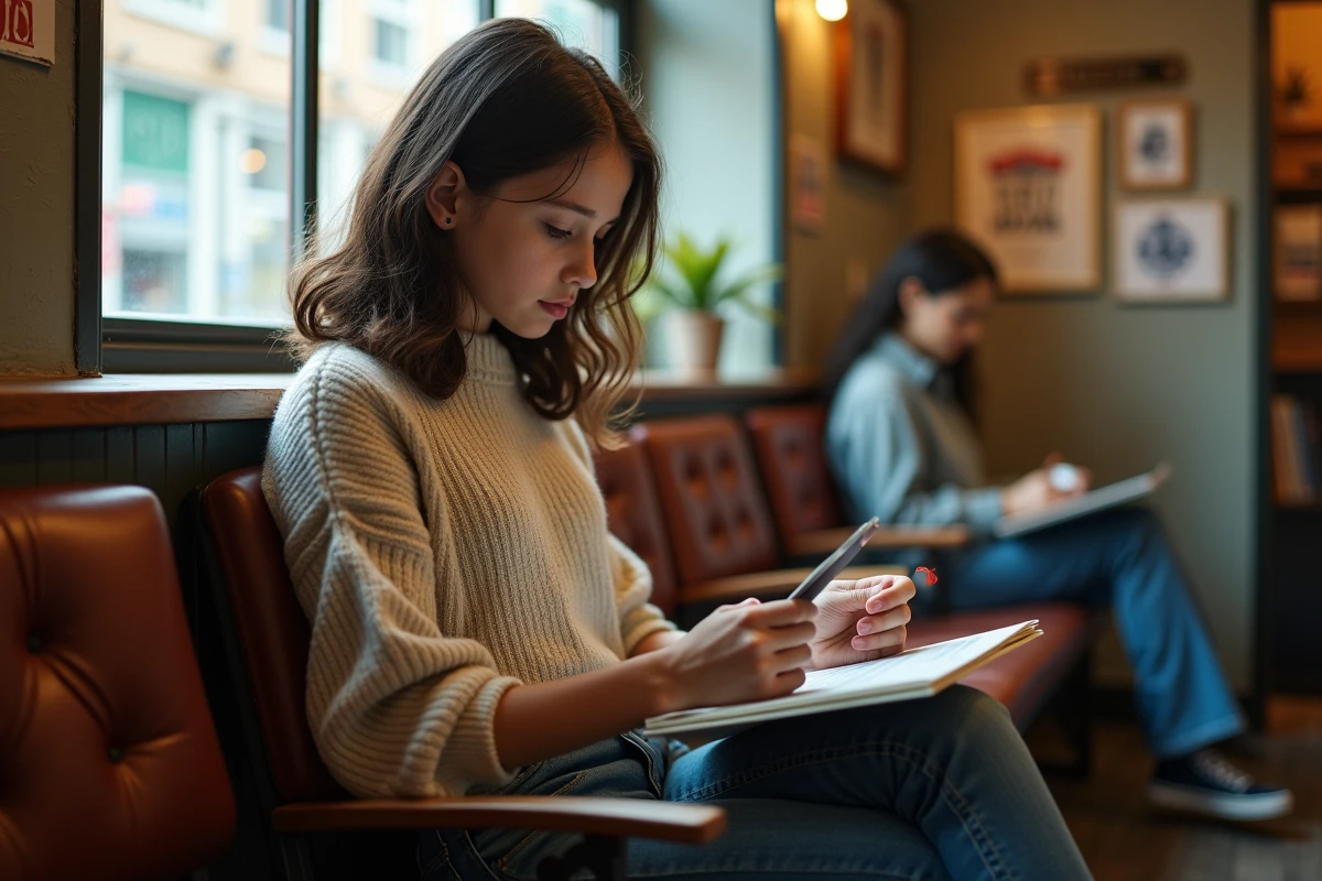 Adolescente examinant brochure dans salon cosy