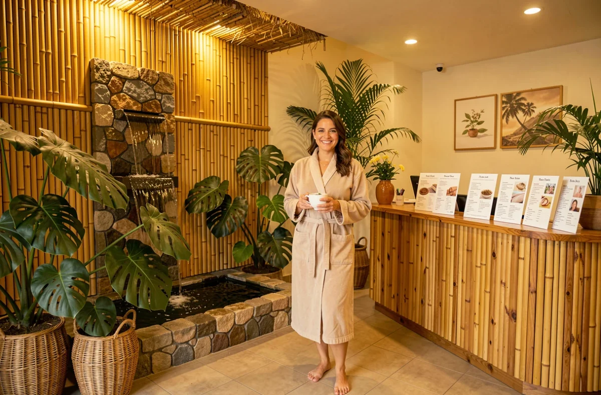 Espace d'accueil du centre bien-être Aloha à Hyères avec décor tropical, cliente en peignoir tenant un thé