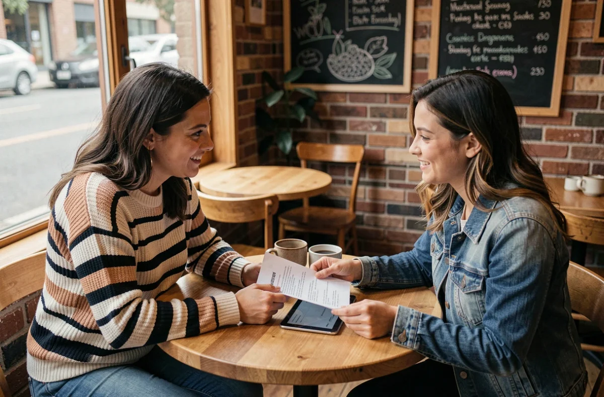 Deux amies discutant du parrainage pour la vente au personnel L'Oréal autour d'un café avec des documents explicatifs