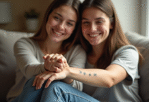 Deux jeunes femmes avec tatouages minimalistes sur le poignet dans un salon lumineux