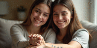 Tatouage symbole d’amitié : pratiques d’exception pour une expérience mémorable Deux jeunes femmes avec tatouages minimalistes sur le poignet dans un salon lumineux