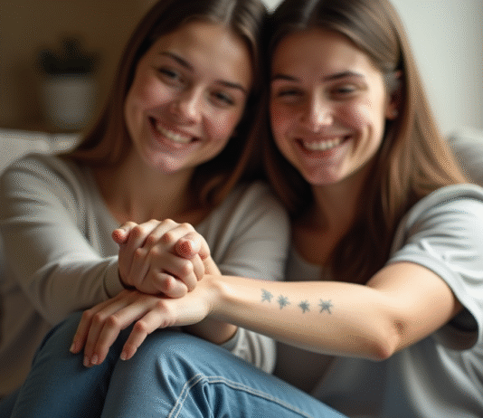 Tatouage symbole d’amitié : pratiques d’exception pour une expérience mémorable Deux jeunes femmes avec tatouages minimalistes sur le poignet dans un salon lumineux