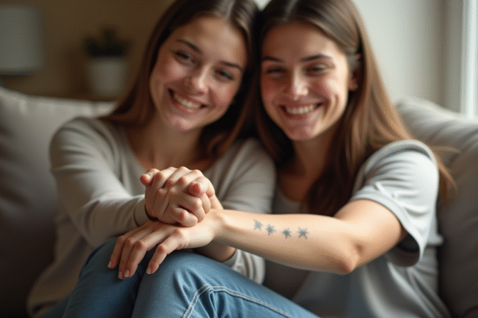 Deux jeunes femmes avec tatouages minimalistes sur le poignet dans un salon lumineux