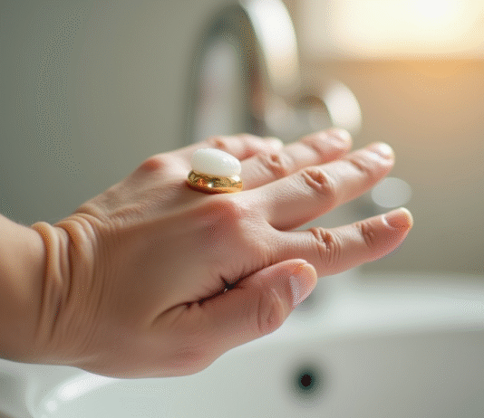 Détacher une bague serrée : astuces et conseils pour l’enlever facilement Main avec anneau en or sur doigt enflé en train d'être nettoyée