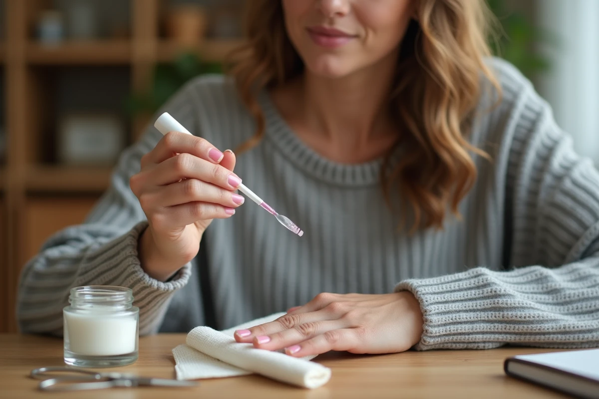 Femme appliquant un gel réparateur transparent sur un ongle fendu à domicile avec des produits de soin posés sur un bureau en bois