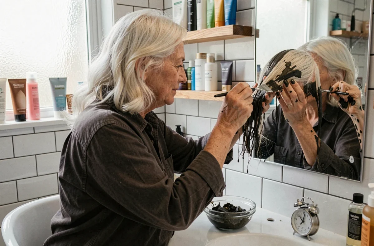 Femme aux cheveux blancs appliquant du henné avec un pinceau devant un miroir de salle de bain, bol de pâte henné et minuterie posés sur le plan de travail