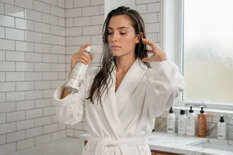 Femme appliquant un protecteur thermique en spray sur cheveux humides avant brushing dans une salle de bain moderne