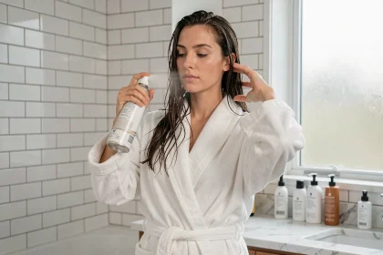 Femme appliquant un protecteur thermique en spray sur cheveux humides avant brushing dans une salle de bain moderne