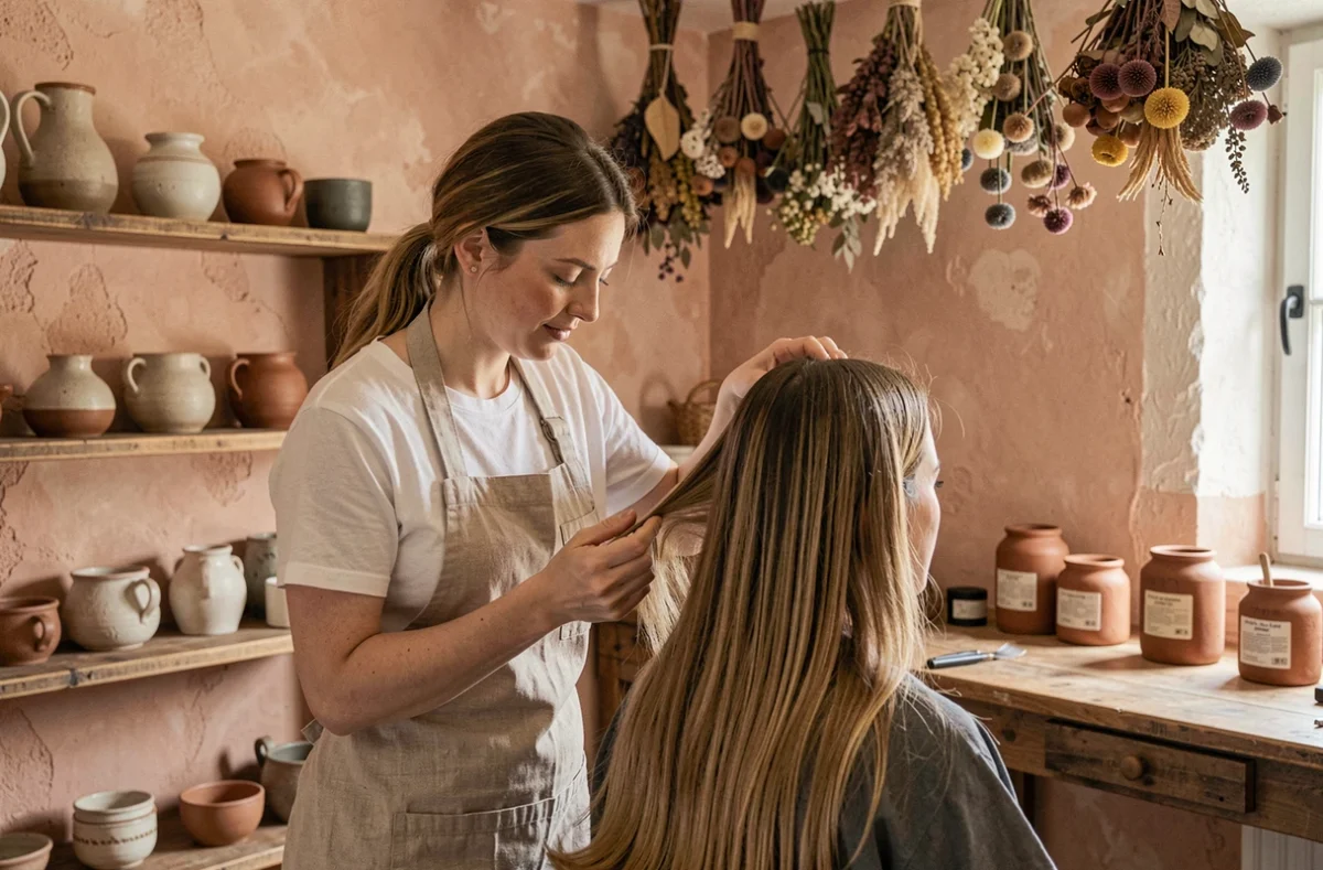 Coiffeuse réalisant une coupe artisanale dans l'Atelier Md à Muzillac, dans un cadre intime aux murs en plâtre brut et à l'esthétique artisanale