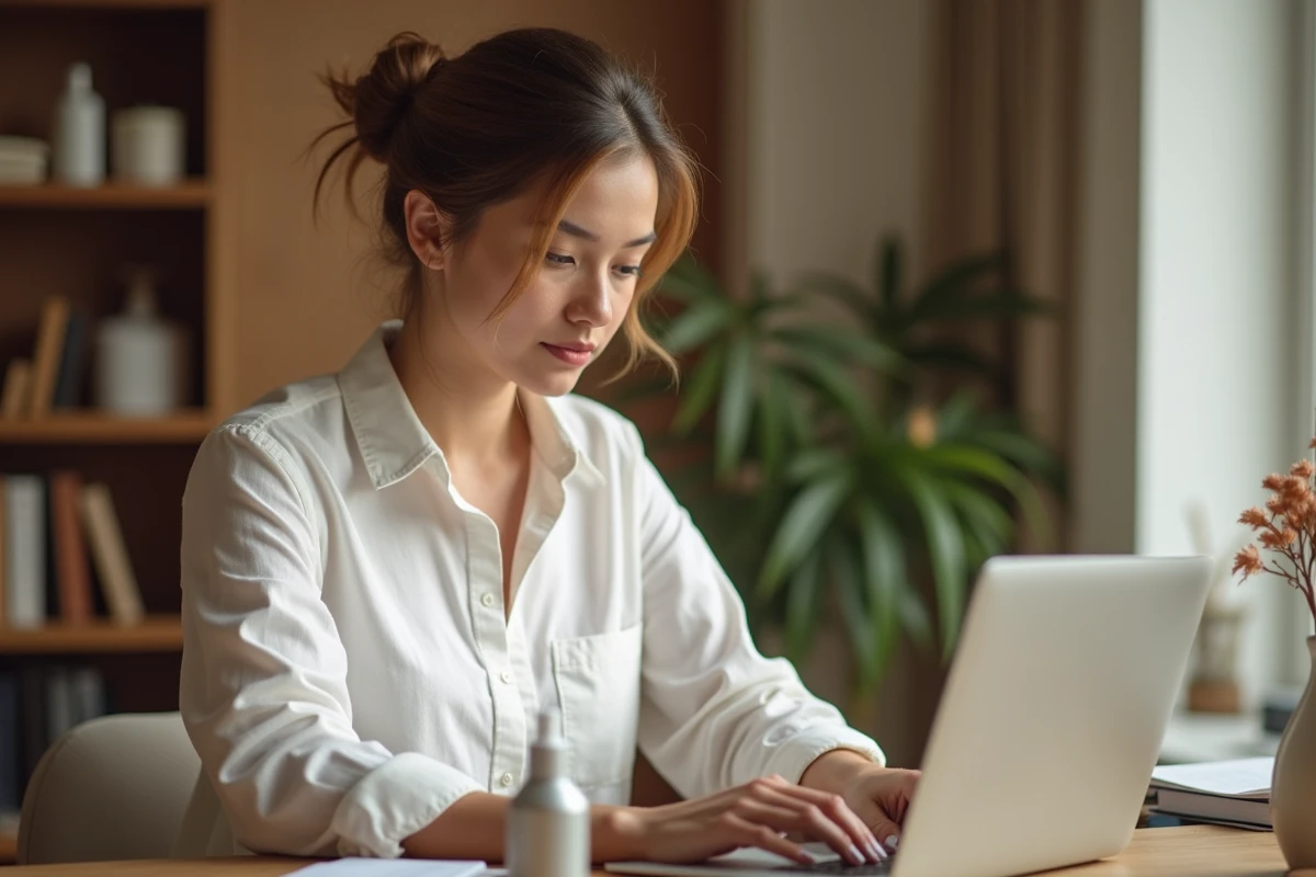 Femme rédigeant un avis client sur Space NK devant son ordinateur avec un produit beauté posé sur le bureau