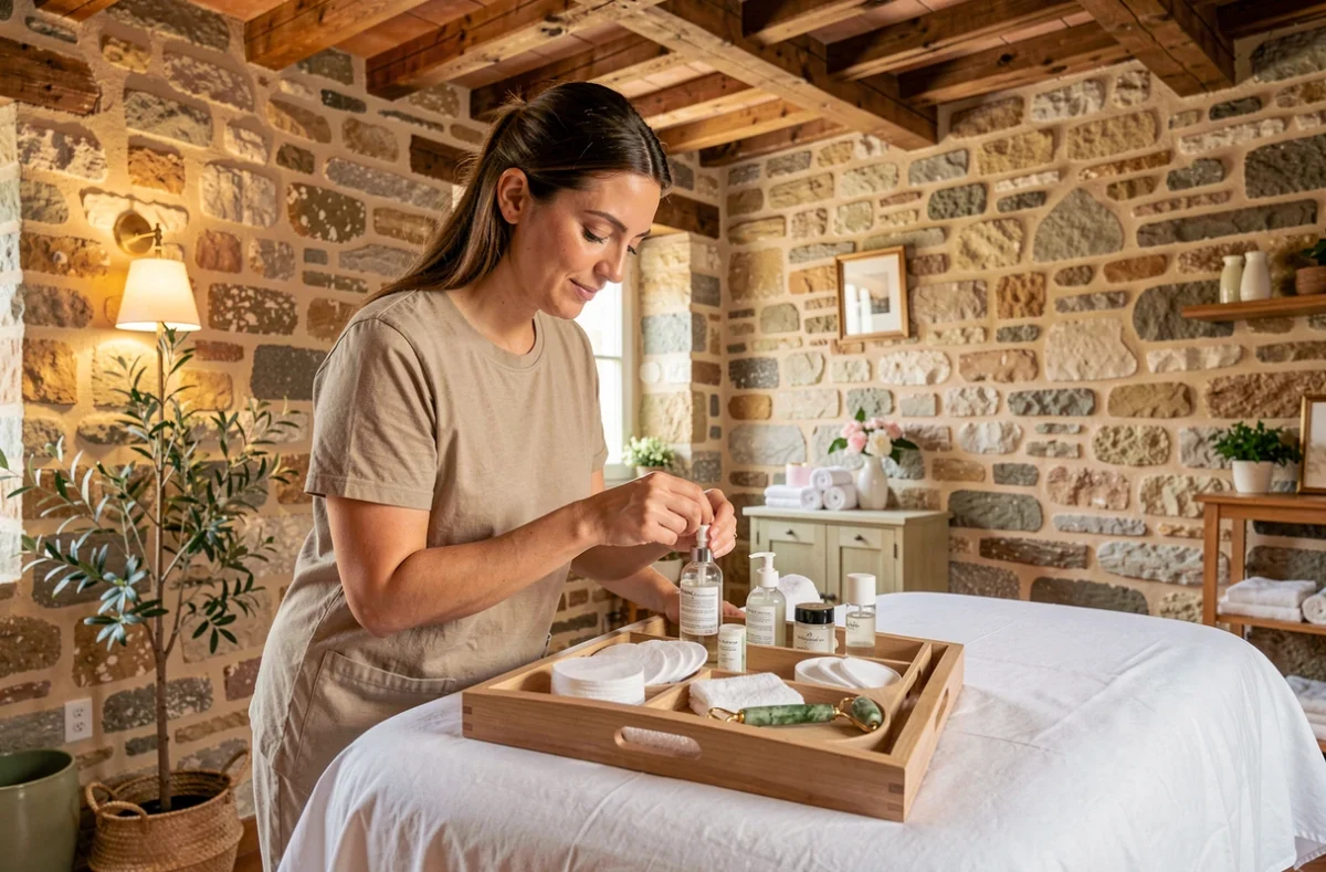 Salle de soin de l'institut Beauty Industry à Lorgues avec murs en pierre, esthéticienne préparant un soin visage