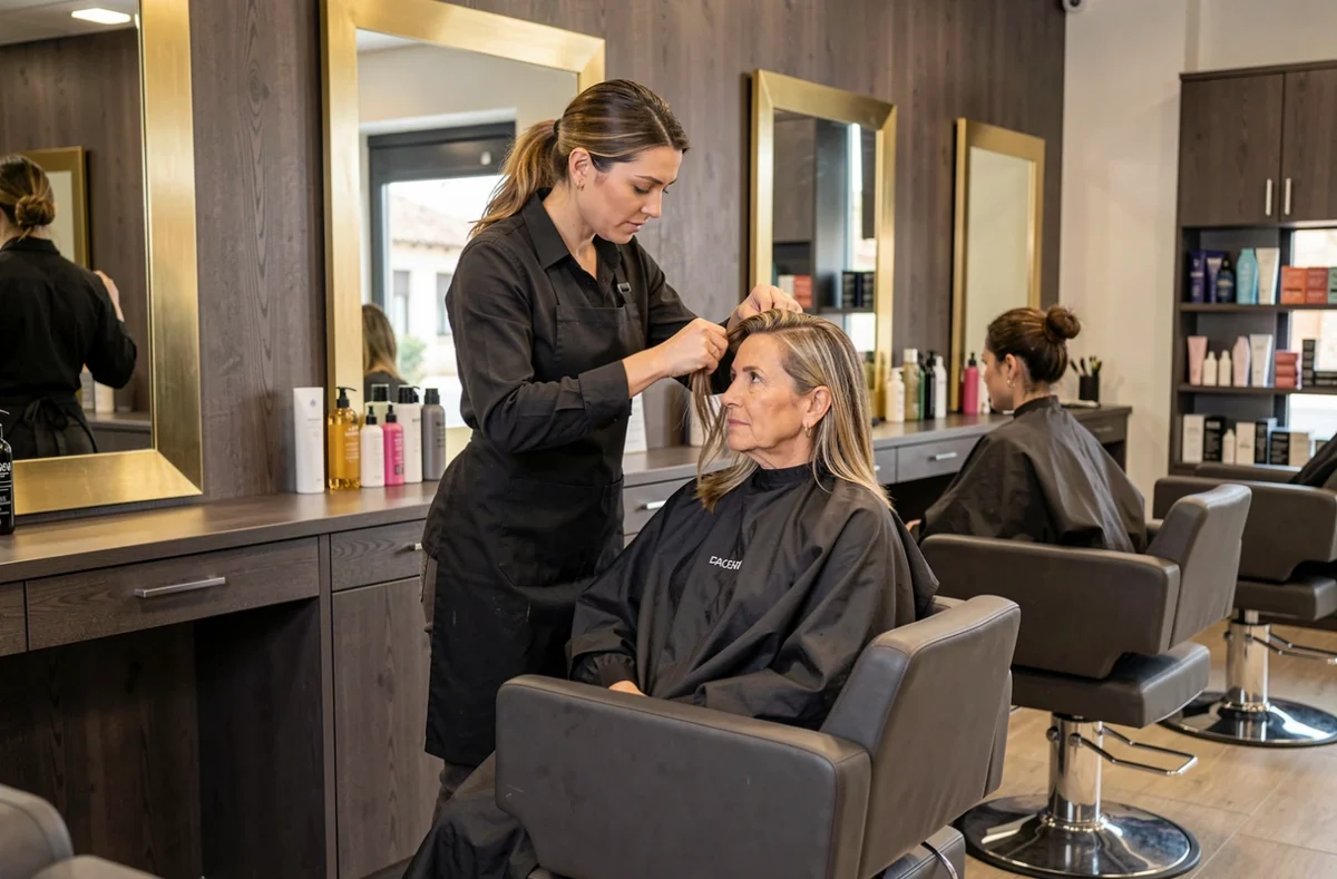 Coiffeuse en action chez Belezza à Draguignan, coiffage et esthétique dans un salon moderne