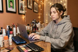 Jeune femme assise devant un bureau vanité mêlant produits de beauté et accessoires gaming dans une chambre cosy