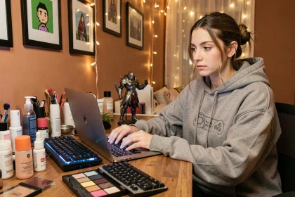 Jeune femme assise devant un bureau vanité mêlant produits de beauté et accessoires gaming dans une chambre cosy