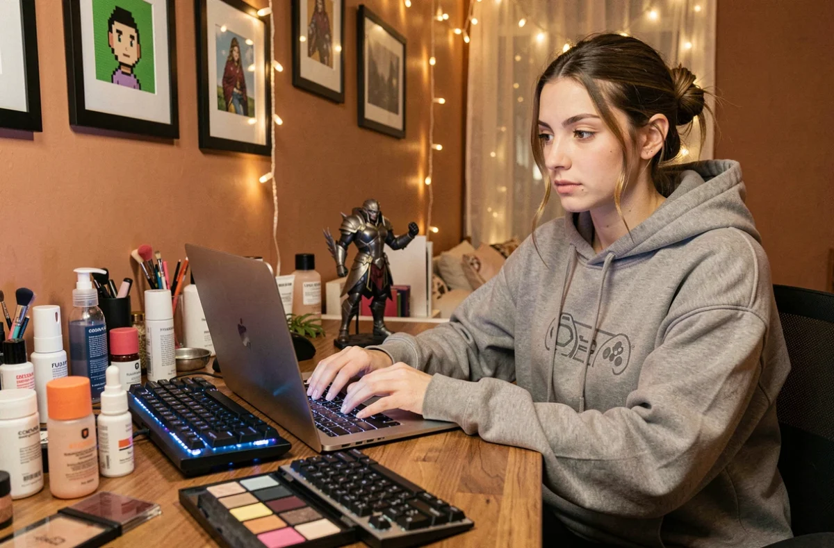 Jeune femme assise devant un bureau vanité mêlant produits de beauté et accessoires gaming dans une chambre cosy