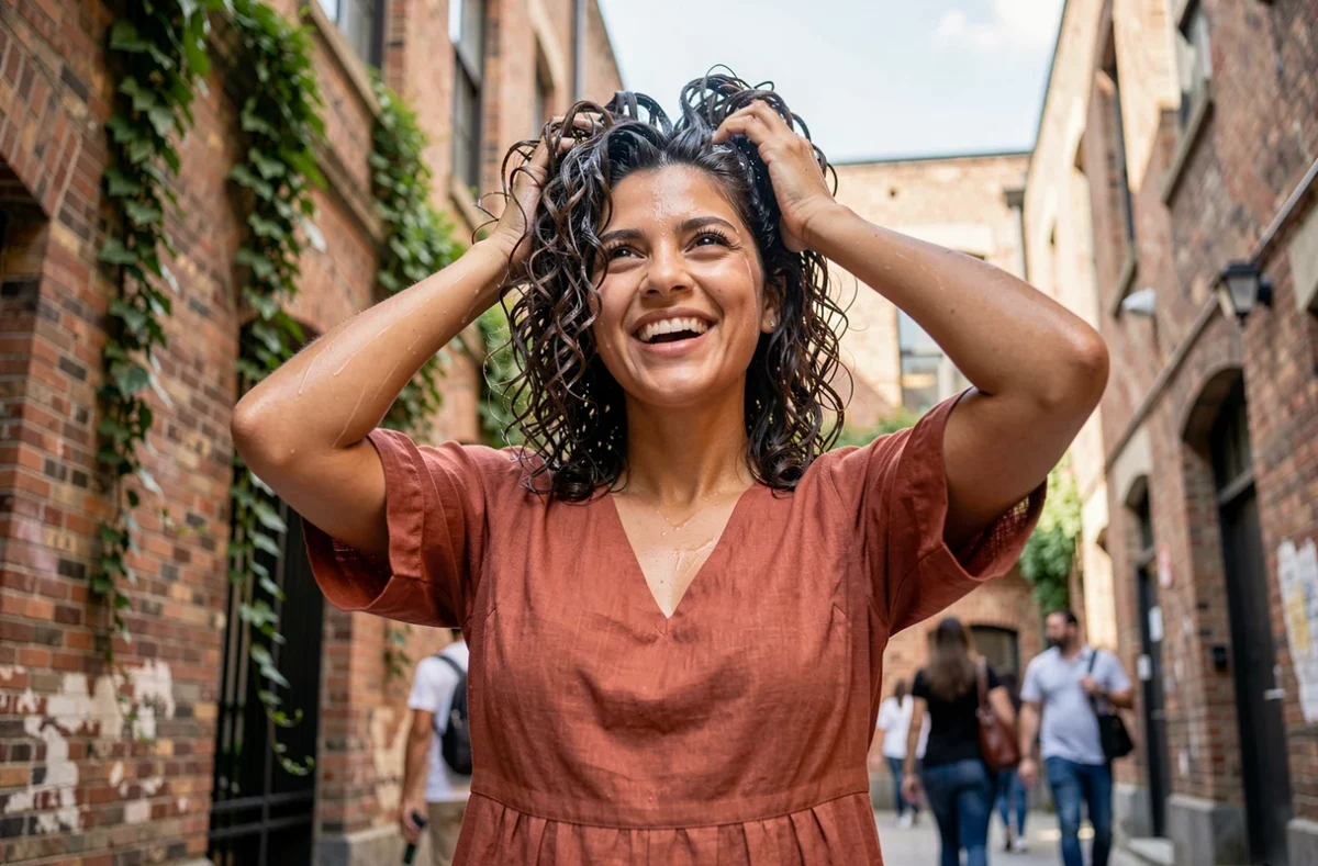 Femme latina en extérieur scrunching ses boucles définies par un gel coiffant dans une cour urbaine