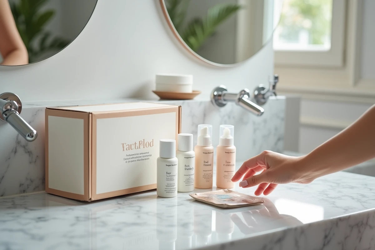 Box beauté personnalisée ouverte sur une tablette de salle de bain en marbre avec des produits de soin alignés