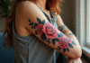 Bras d'une femme avec tatouage floral coloré