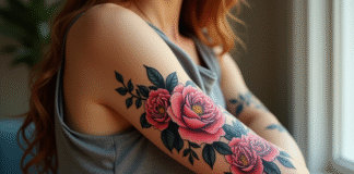 Bras d'une femme avec tatouage floral coloré