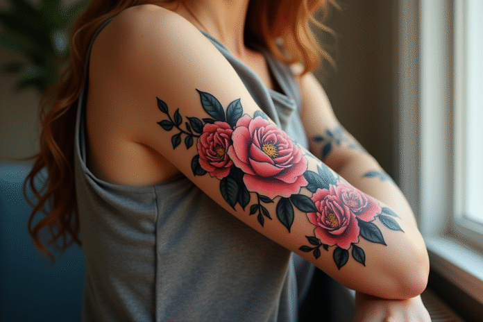 Bras d'une femme avec tatouage floral coloré