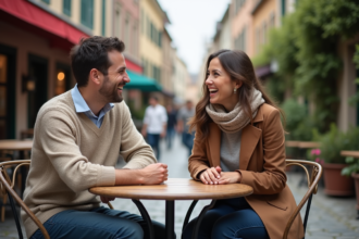 Homme et femme riant dans un café en plein air