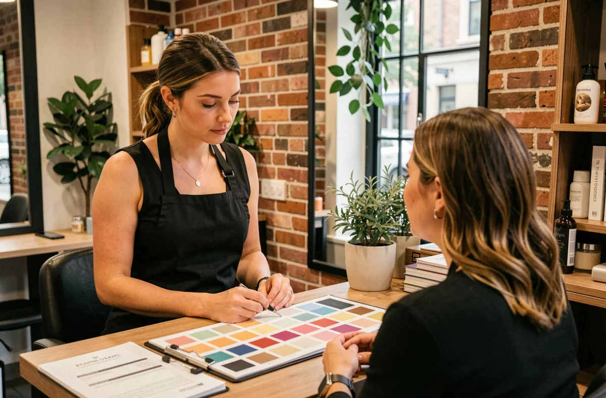 Coloriste du salon Camille Albane à Pontoise réalisant un conseil personnalisé avec une cliente grâce à des nuanciers