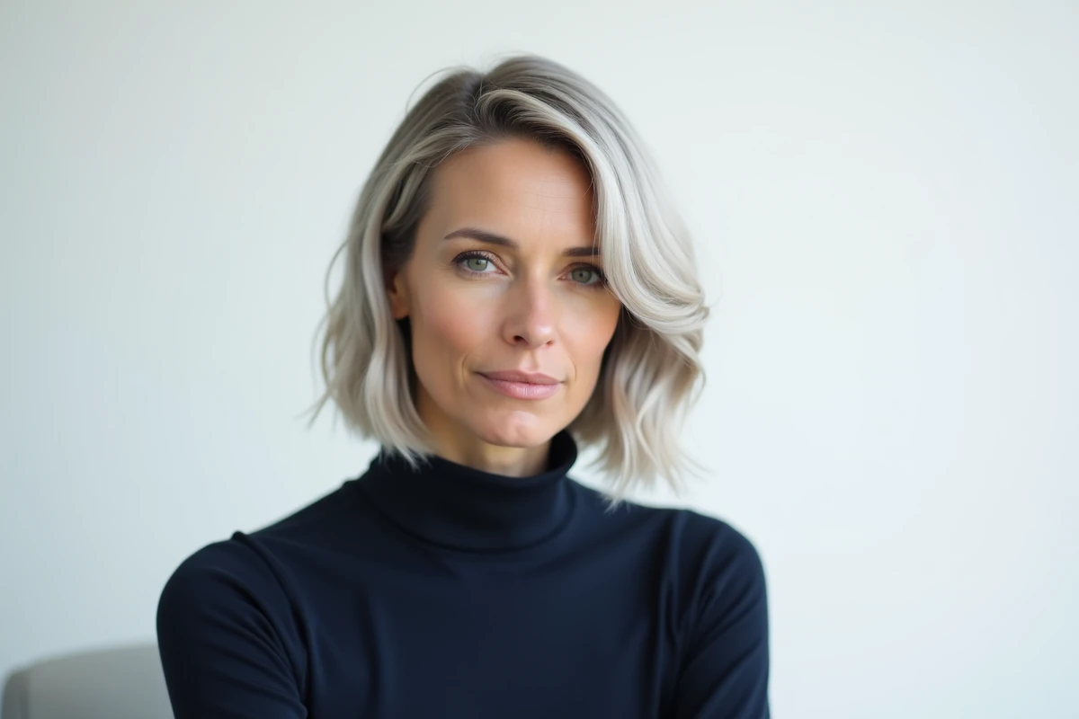 Femme en col roulé marine avec un carré dégradé asymétrique en studio minimaliste