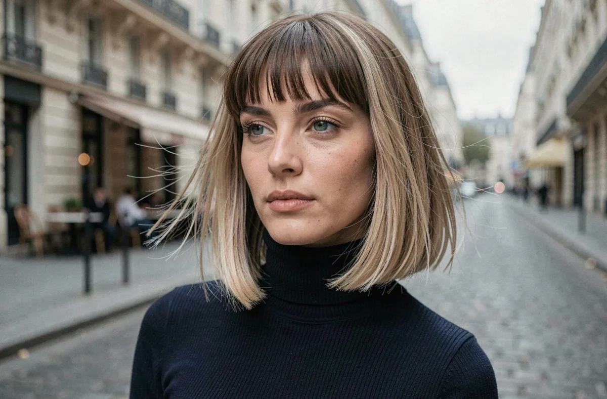 Jeune femme avec un carré dégradé flou et une micro-frange droite en extérieur dans une rue parisienne