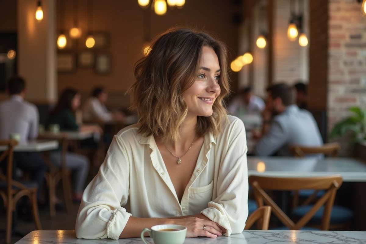 Jeune femme avec un carré dégradé ondulé et texturé dans un café parisien vintage