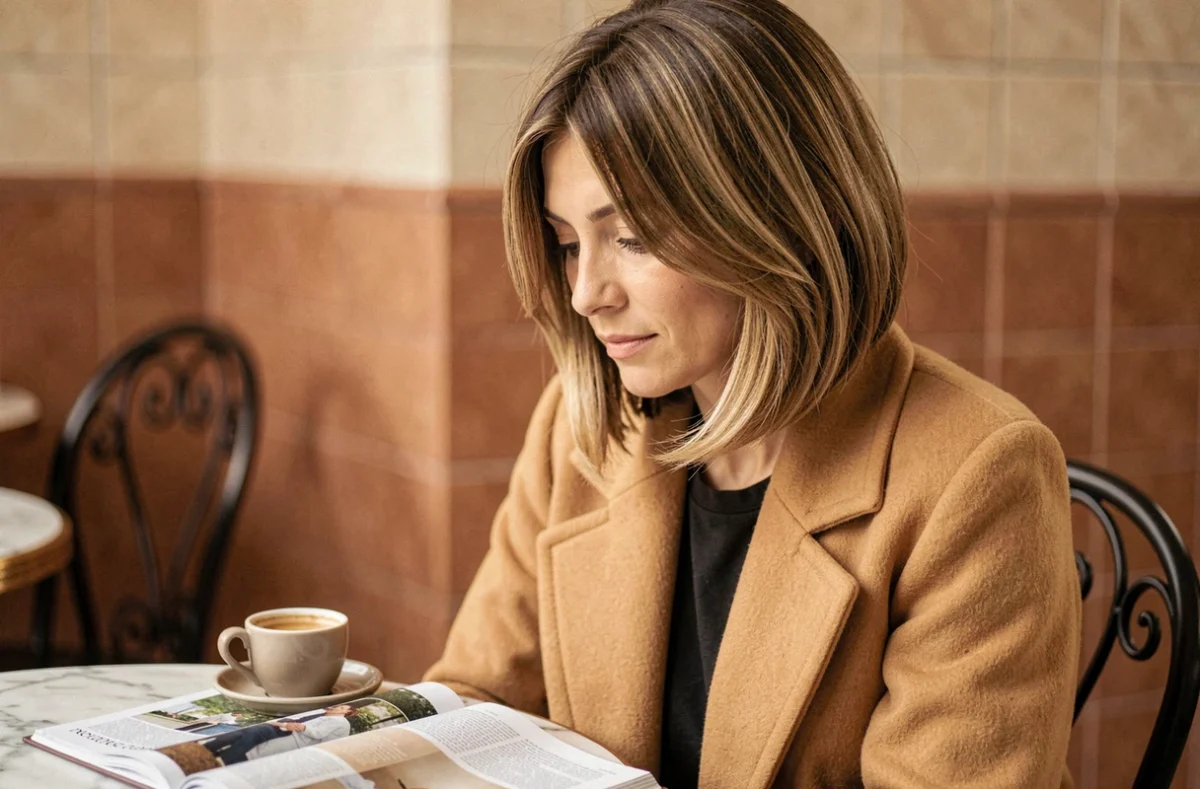 Femme élégante avec un carré flou dégradé et une frange latérale balayée assise dans un café parisien
