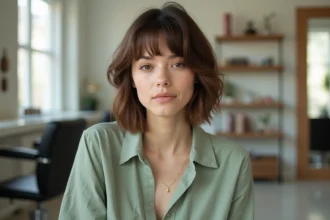 Femme aux cheveux courts en carré plongeant destructuré avec frange sur visage rond dans un salon de coiffure
