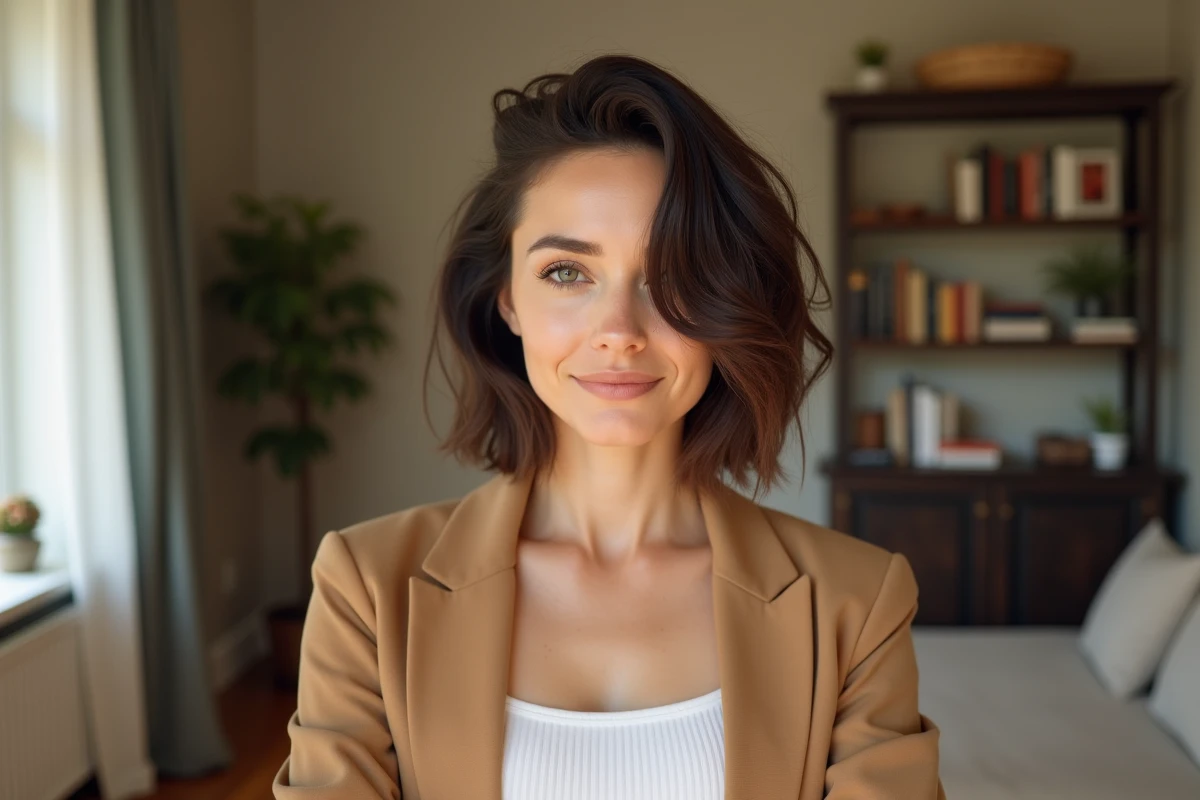 Femme de 40 ans avec carré plongeant destructuré et frange latérale oblique sur visage rond dans un intérieur maison