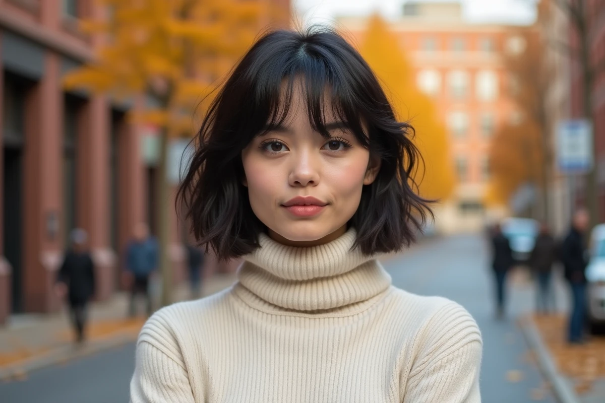 Femme avec carré plongeant court et frange rideau sur visage rond en extérieur urbain en automne