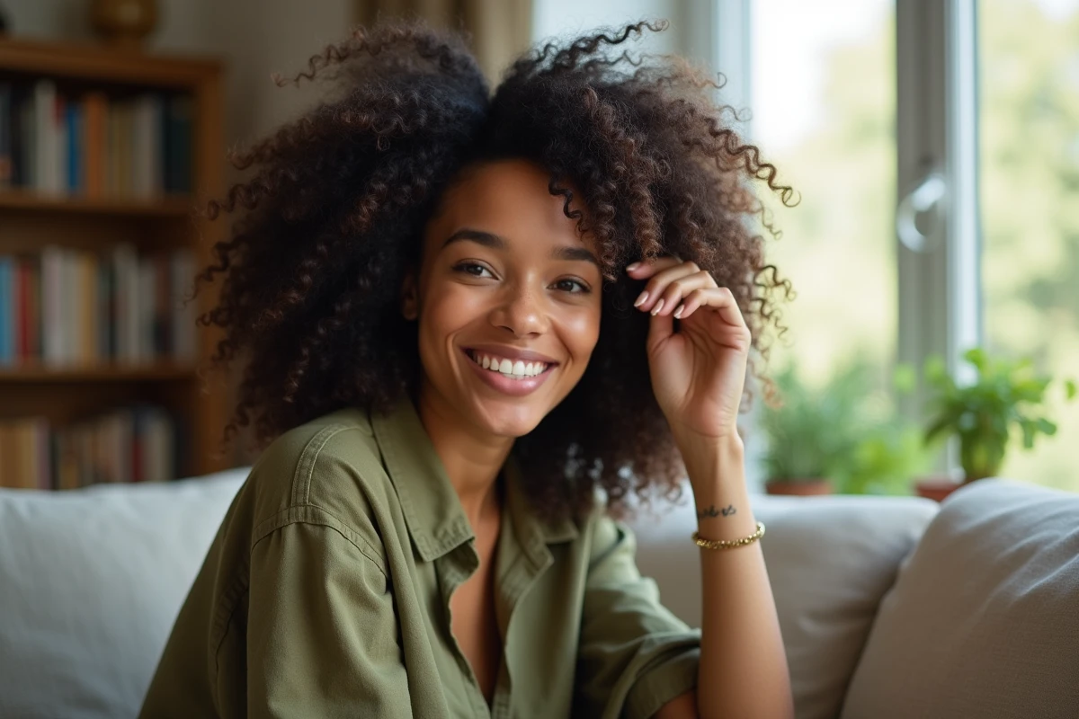 Femme aux cheveux bouclés définis et volumineux après application d'une crème coiffante anti-frisottis dans un salon chaleureux