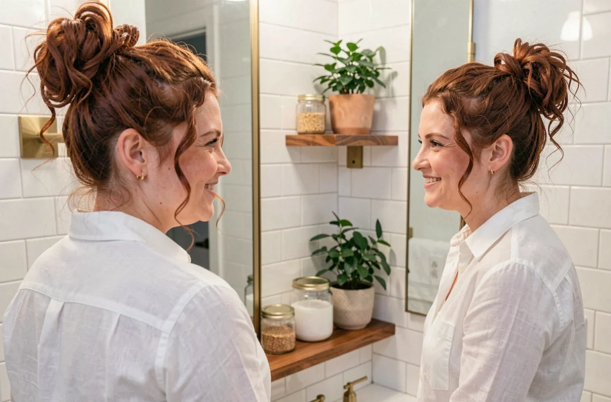 Femme avec visage rond et chignon haut avec mèches encadrantes pour allonger les traits du visage