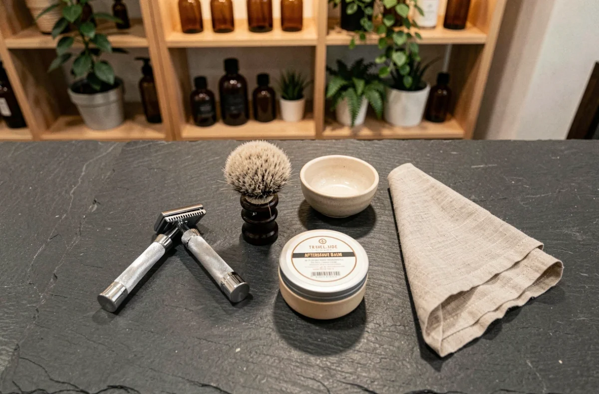 Coffret rasage homme débutant avec rasoir, blaireau et savon à raser présentés sur ardoise noire