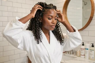Femme aux cheveux bouclés appliquant une crème définissante dans une salle de bain moderne