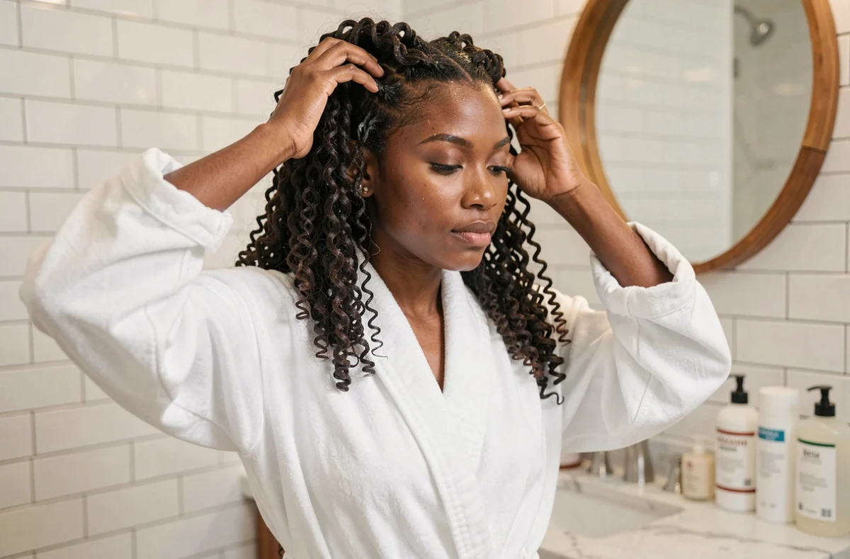 Femme aux cheveux bouclés appliquant une crème définissante dans une salle de bain moderne