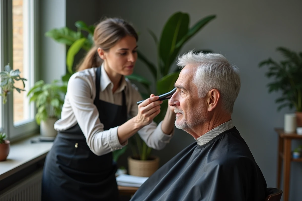 Coiffeur appliquant un traitement aux racines argentées