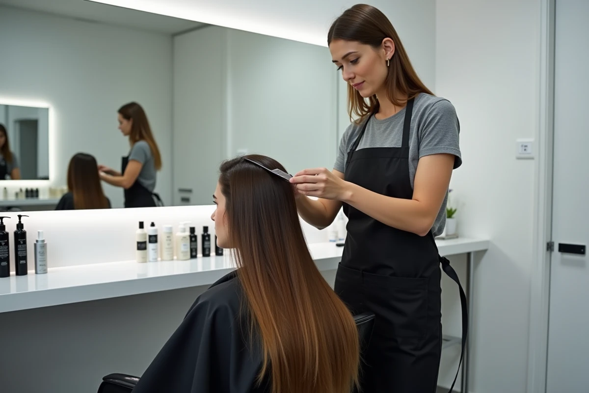 Coiffeuse professionnelle analysant les cheveux d'une cliente dans un salon moderne lors d'un bilan capillaire