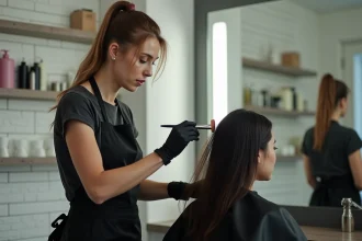 Coiffeuse appliquant une coloration chimique sur les cheveux d'une cliente dans un salon professionnel moderne