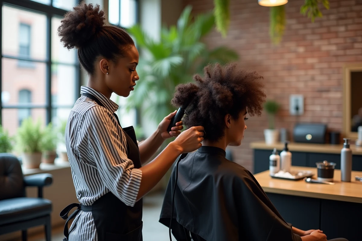 Coiffeuse professionnelle utilisant un diffuseur sur les cheveux frisés d'une cliente dans un salon lumineux avec mur en brique apparente