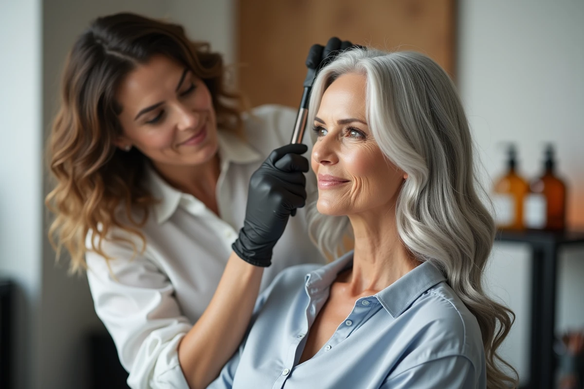 Coiffeuse appliquant un masque coiffant sur les cheveux gris naturels d'une cliente en transition capillaire dans un salon moderne