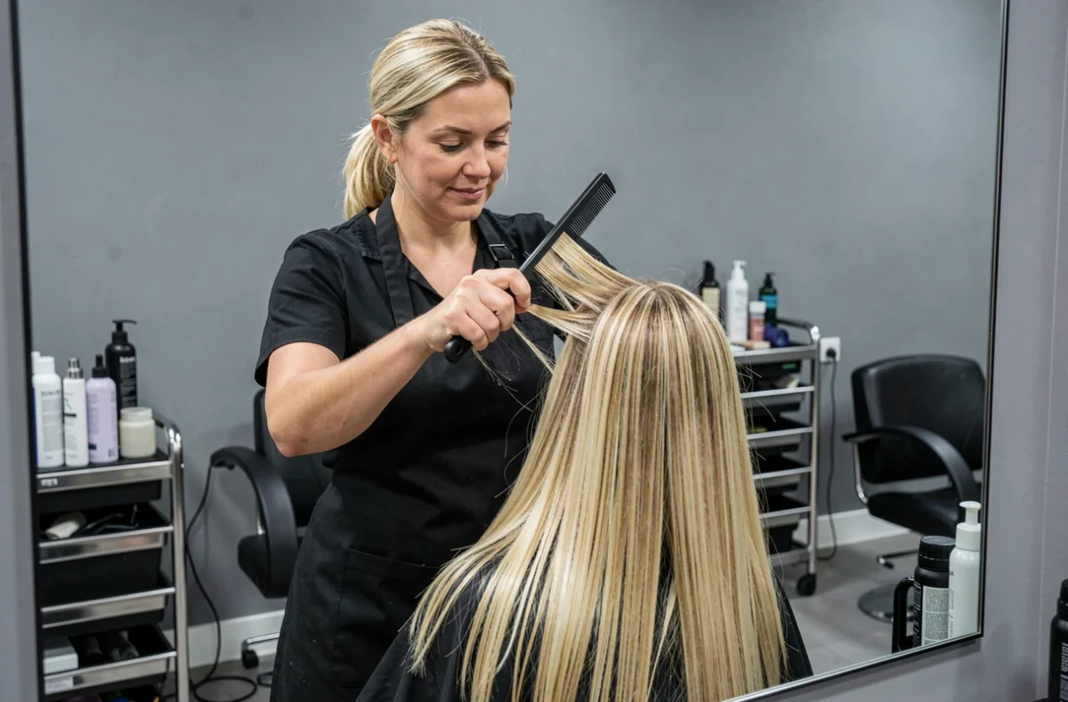 Coiffeuse professionnelle appliquant un protecteur thermique sur cheveux blonds avant brushing en salon
