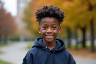 Ado garçon 14 ans avec coiffure frisée naturelle twist-out dans un parc urbain en automne