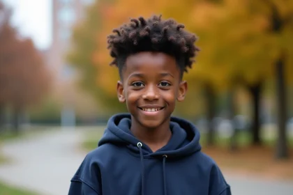 Ado garçon 14 ans avec coiffure frisée naturelle twist-out dans un parc urbain en automne
