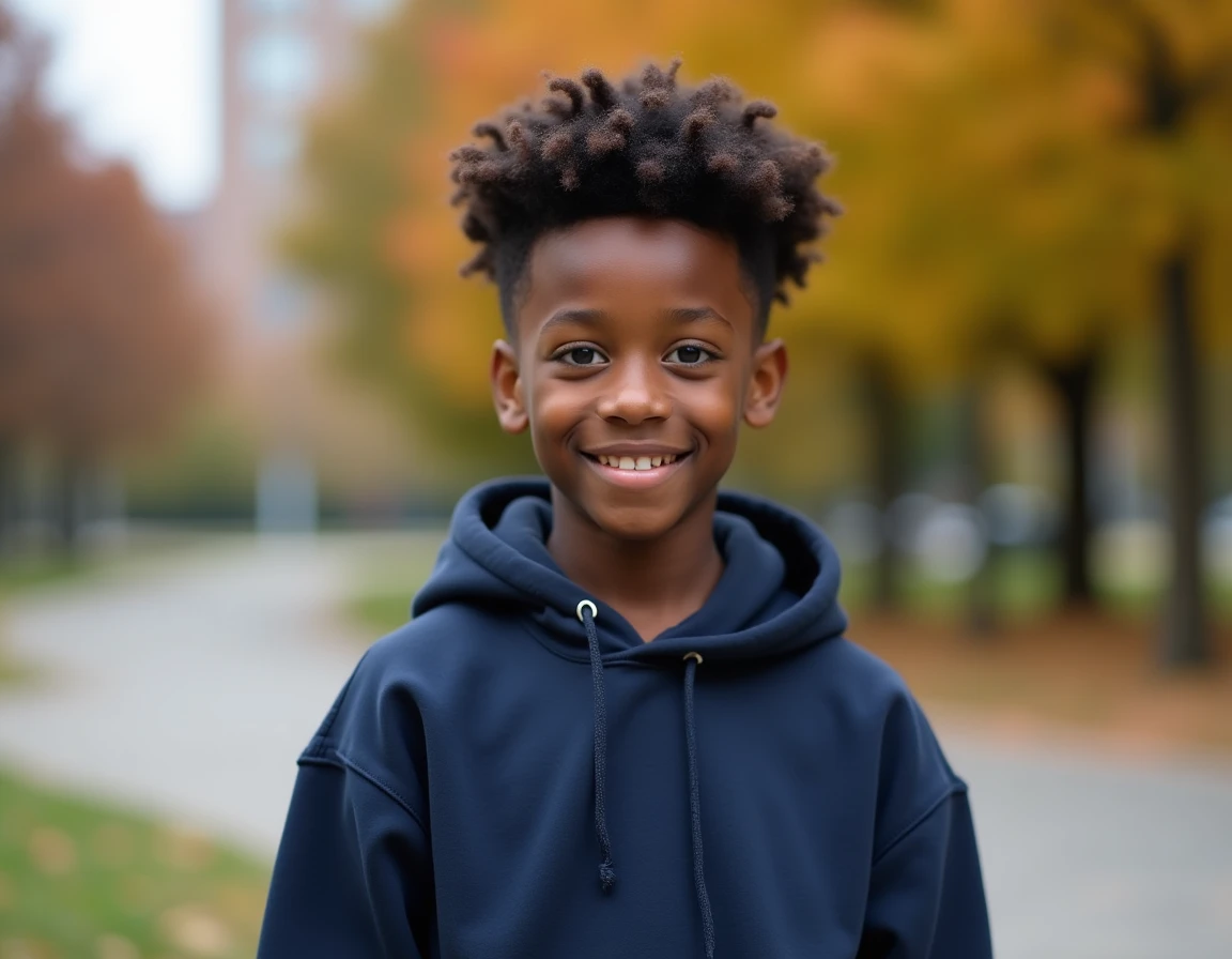 Ado garçon 14 ans avec coiffure frisée naturelle twist-out dans un parc urbain en automne