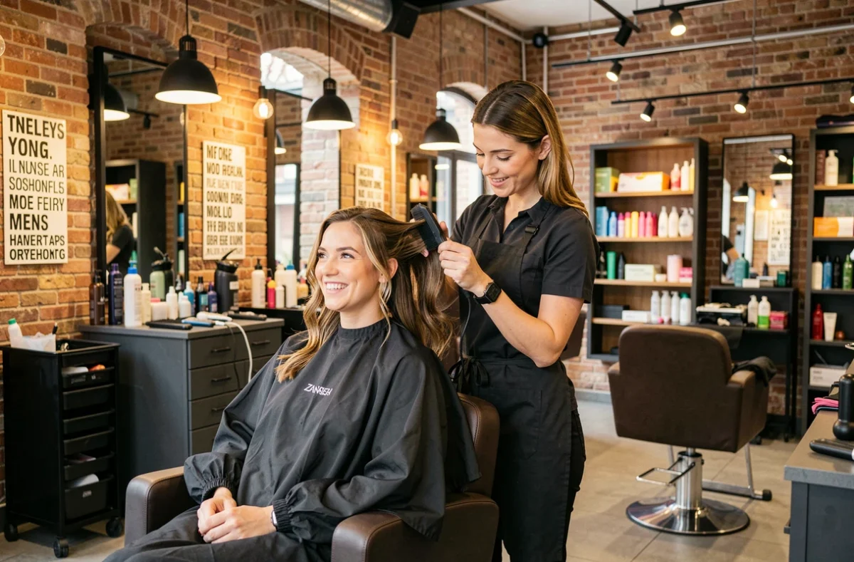 Coiffeuse appliquant une coloration dans le salon Coiffure Attitude à Vannes, avec un intérieur urbain tendance et moderne