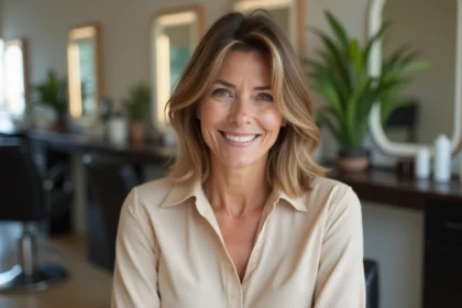 Femme souriante avec coiffure bob dans un salon moderne