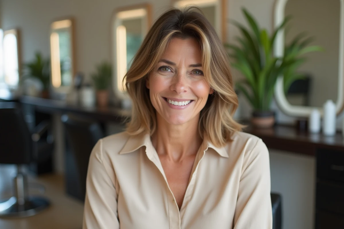 Femme souriante avec coiffure bob dans un salon moderne